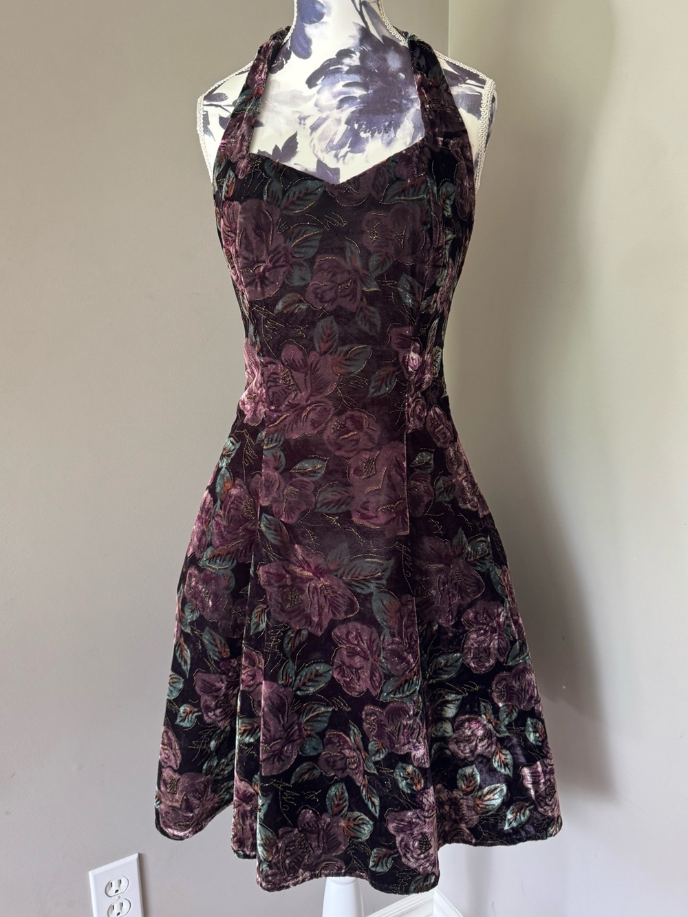 Vintage Town & Country Floral Halter Velvet Fit And Flare Mini Dress